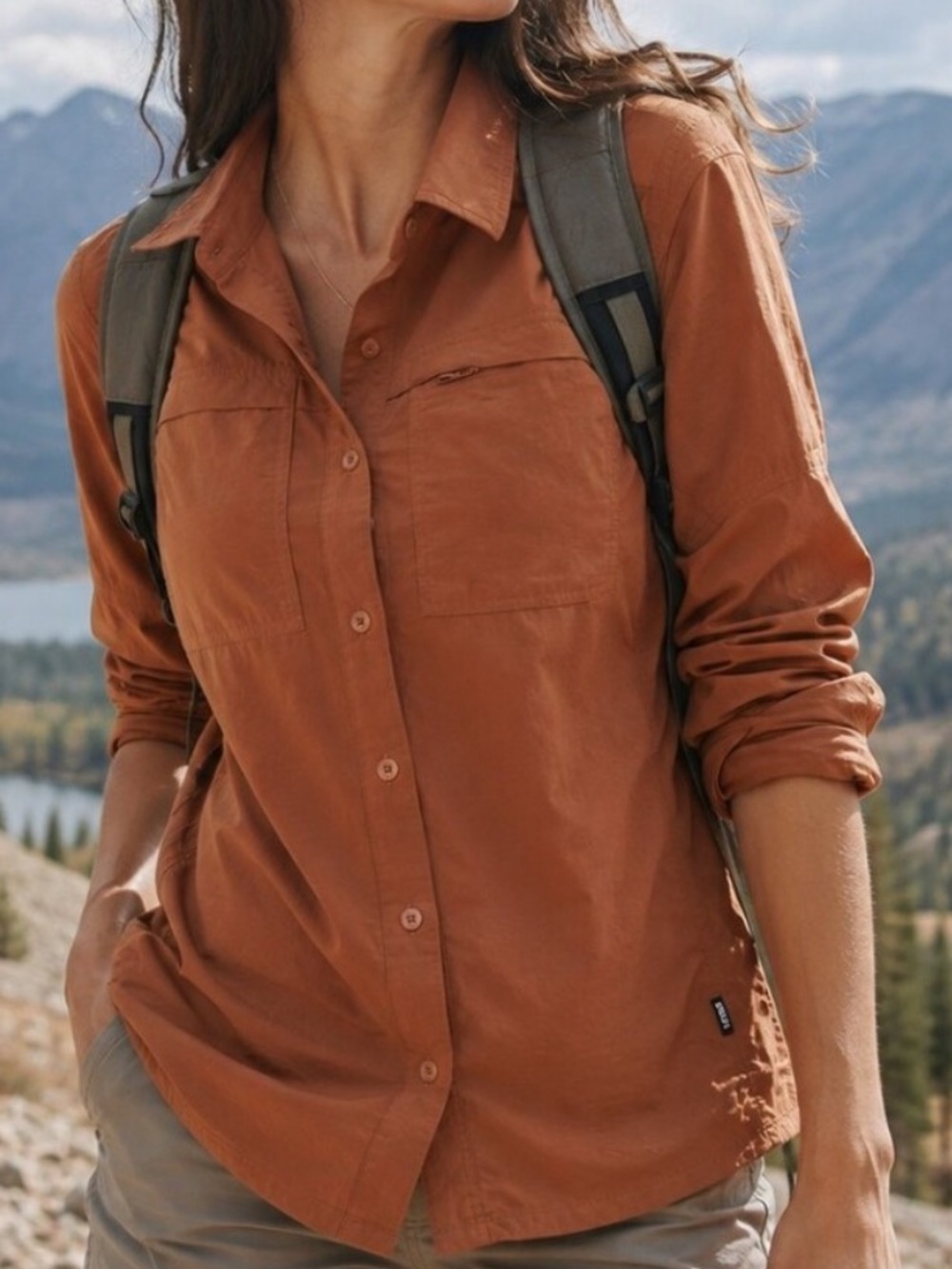 REI Co-op Women's Sahara Orange Brown Long Sleeve UPF Hiking Button Up Size L